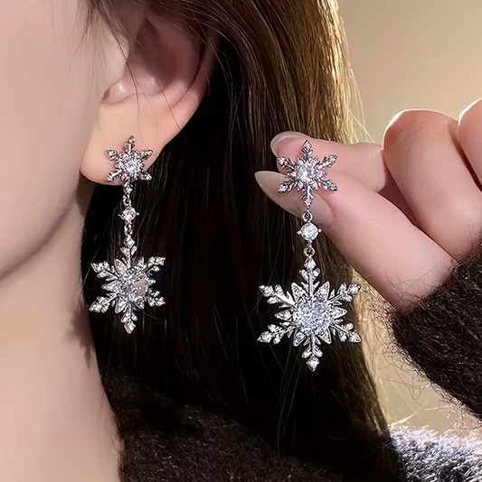 Sparkling Snowflake Dangle Earrings, Rhinestone Winter Holiday Jewelry