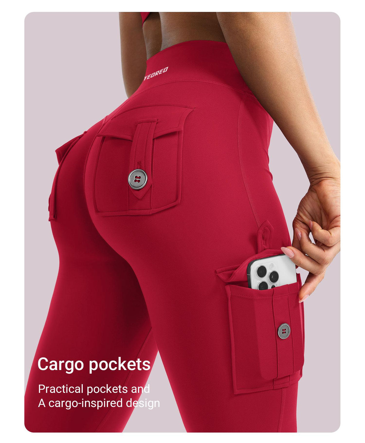 Button-flap cargo pockets on the back and down the side of the leg