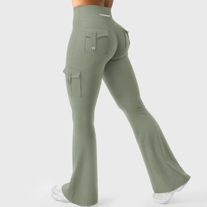 Flare Cargo Pocket Leggings in Sage Green
