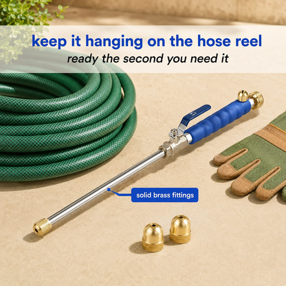 JetHose beside a coiled garden hose and garden gloves