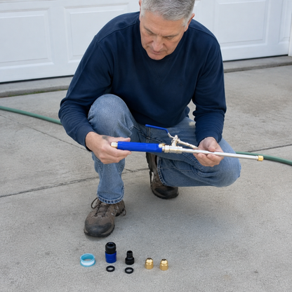 Everything included with JetHose laid out on a driveway