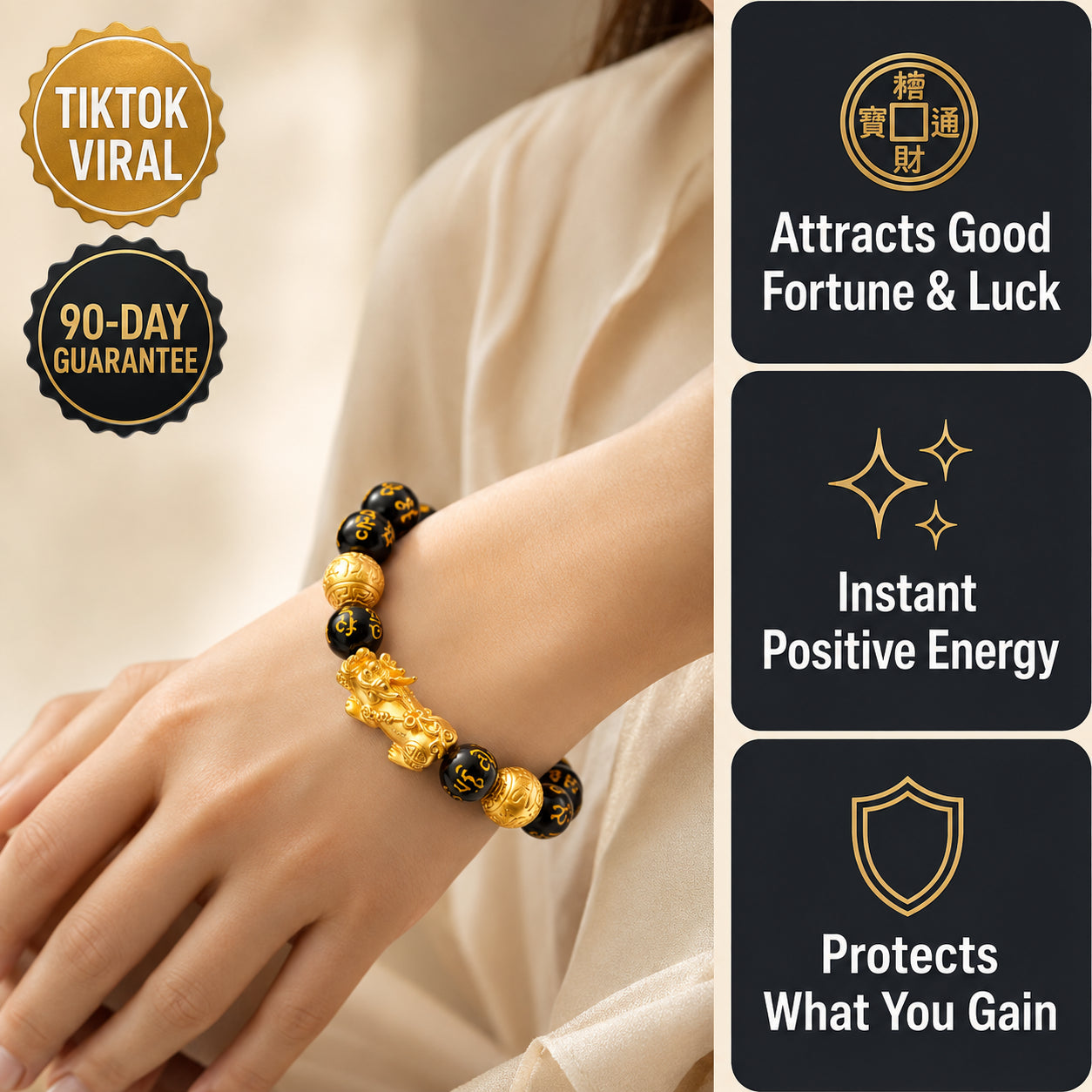 Pomence Pixiu Obsidian Bracelet worn on a woman's wrist, with its three benefits: attracts good fortune and luck, instant positive energy, protects what you gain