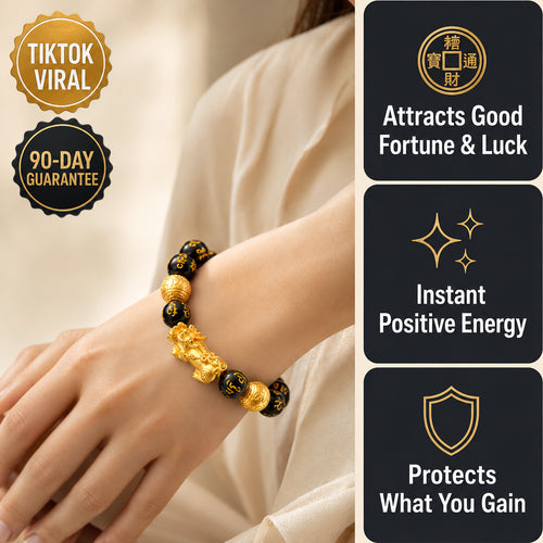 Pomence Pixiu Obsidian Bracelet worn on a woman's wrist, with its three benefits: attracts good fortune and luck, instant positive energy, protects what you gain