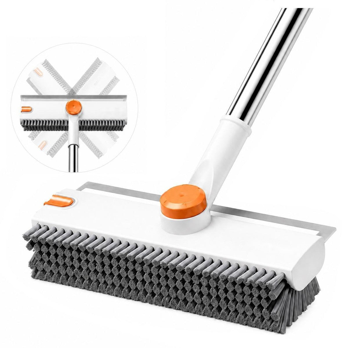 The Pomence 3-in-1 Floor Scrub Brush: a white and orange head with stiff gray bristles, a built-in squeegee and a head that turns 360 degrees