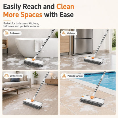 The Pomence 3-in-1 Floor Scrub Brush cleaning a bathroom, a kitchen, a living room and a poolside floor
