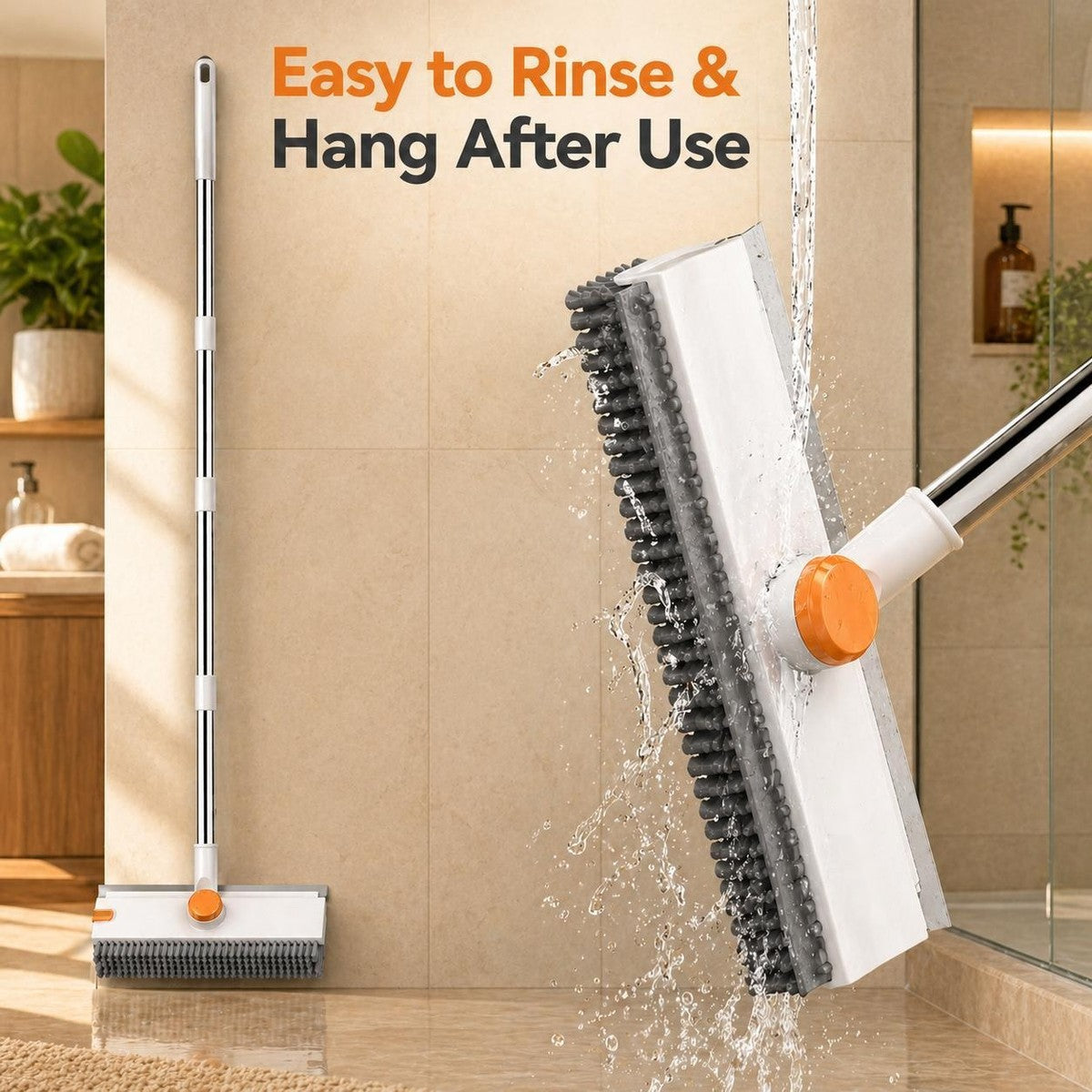 Easy to rinse and hang after use: the Pomence 3-in-1 Floor Scrub Brush under running water