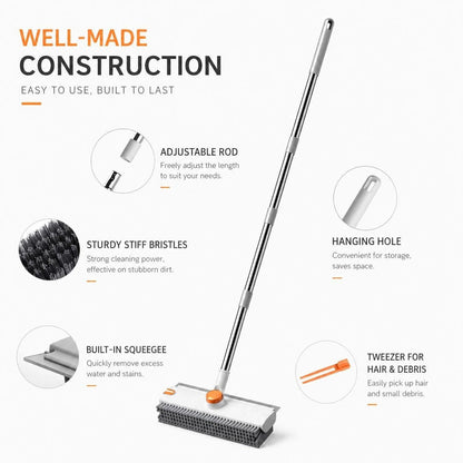 Well-made construction: adjustable rod, sturdy stiff bristles, hanging hole, built-in squeegee and a tweezer for hair and debris
