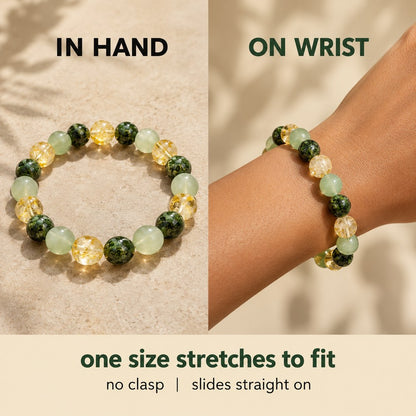 The Pomence Three Stone Abundance Bracelet shown coiled in the hand on the left and worn on the wrist on the right