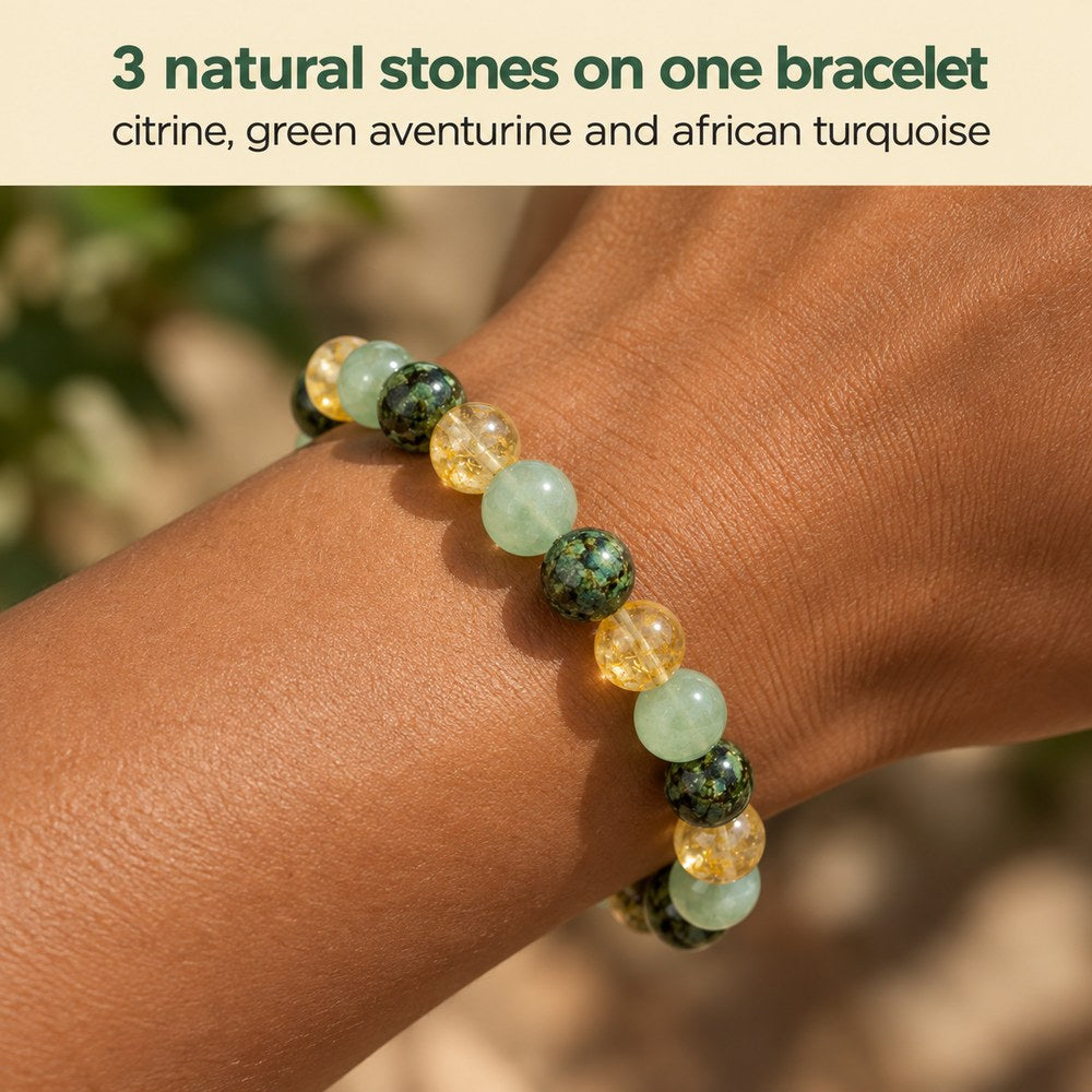 Macro of the Pomence Three Stone Abundance Bracelet on a wrist, showing the citrine, green aventurine and African turquoise beads