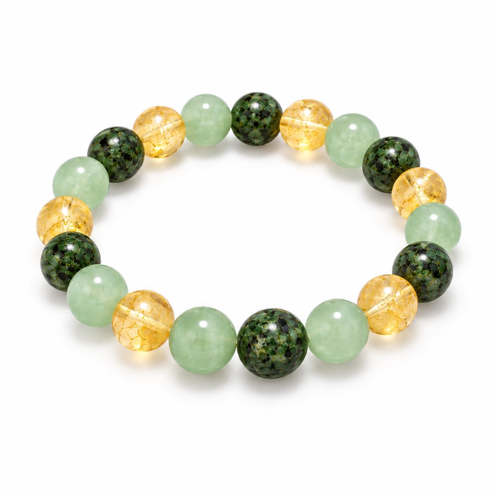 The Pomence Three Stone Abundance Bracelet alone on a plain near-white background, all three stones visible
