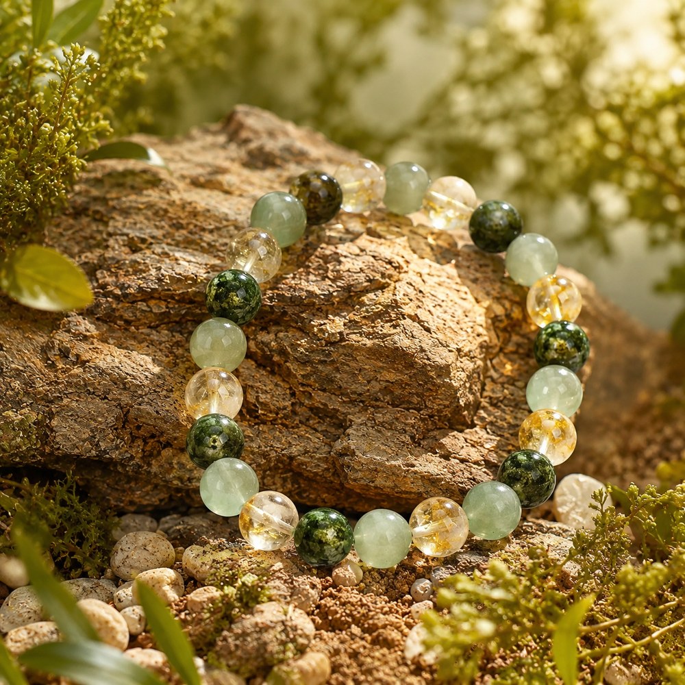 The Pomence Three Stone Abundance Bracelet resting on a warm stone surface in daylight