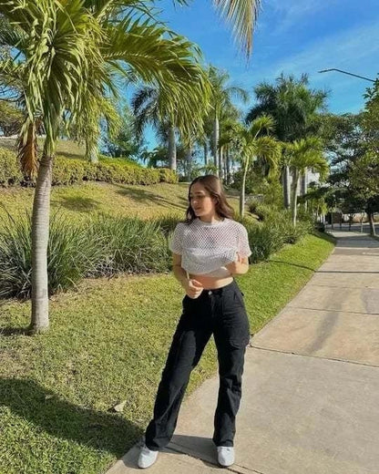 Pomence™ Adjustable Cargo Pants. Black: straight-fit cargo pants worn with a black top