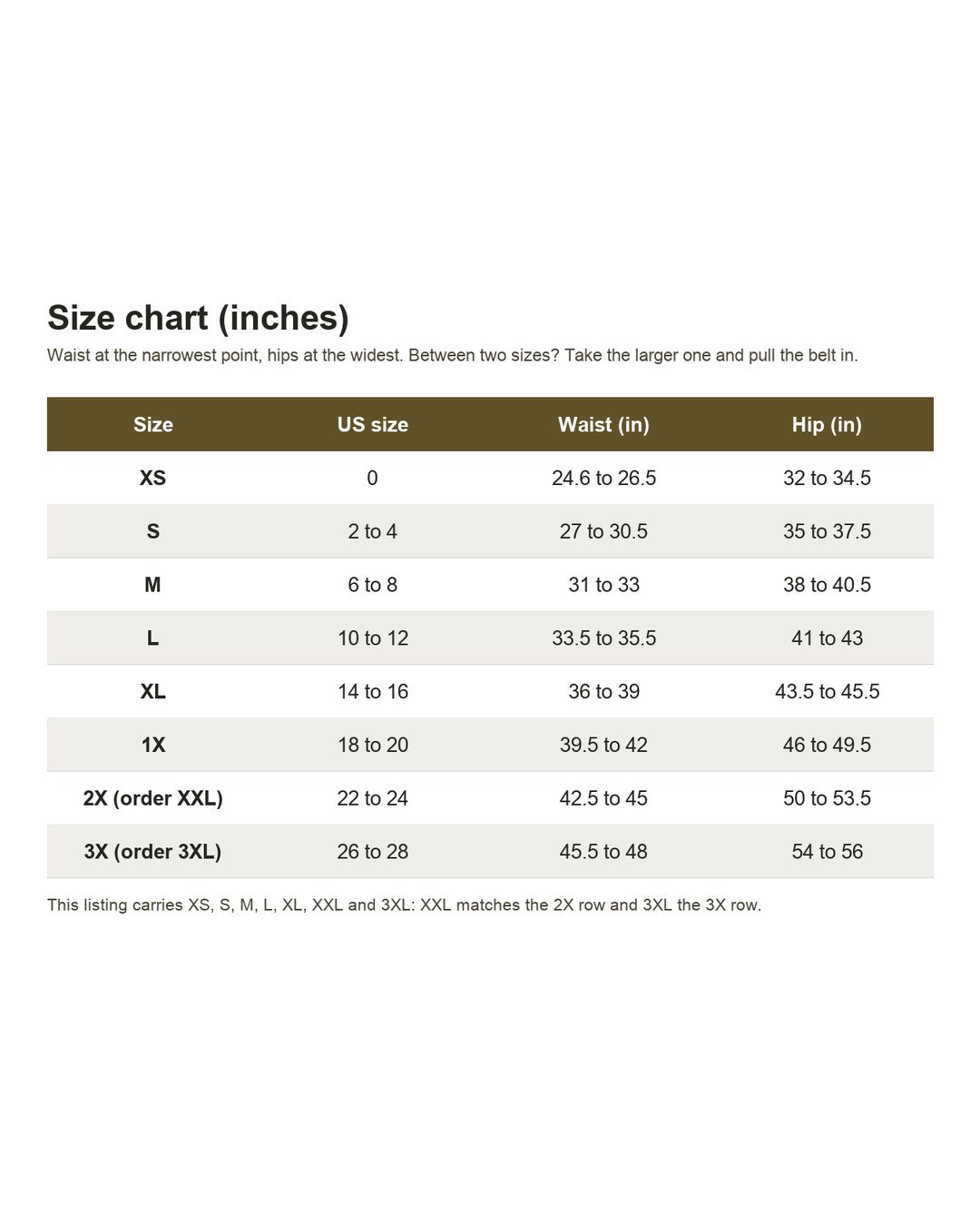 Pomence™ Adjustable Cargo Pants. Size chart in inches: XS to 3X with US size, waist and hip