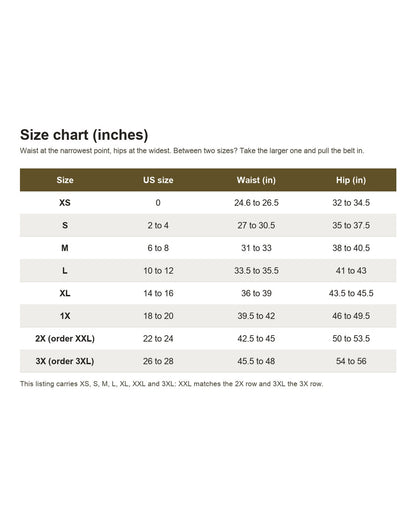 Pomence™ Adjustable Cargo Pants. Size chart in inches: XS to 3X with US size, waist and hip
