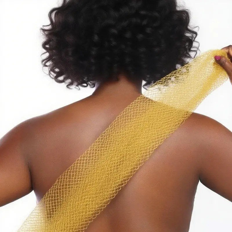 Pomence™ African Exfoliating Net Sponge. 45 inch African net sponge pulled across a woman's back