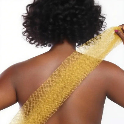 Pomence™ African Exfoliating Net Sponge. 45 inch African net sponge pulled across a woman's back