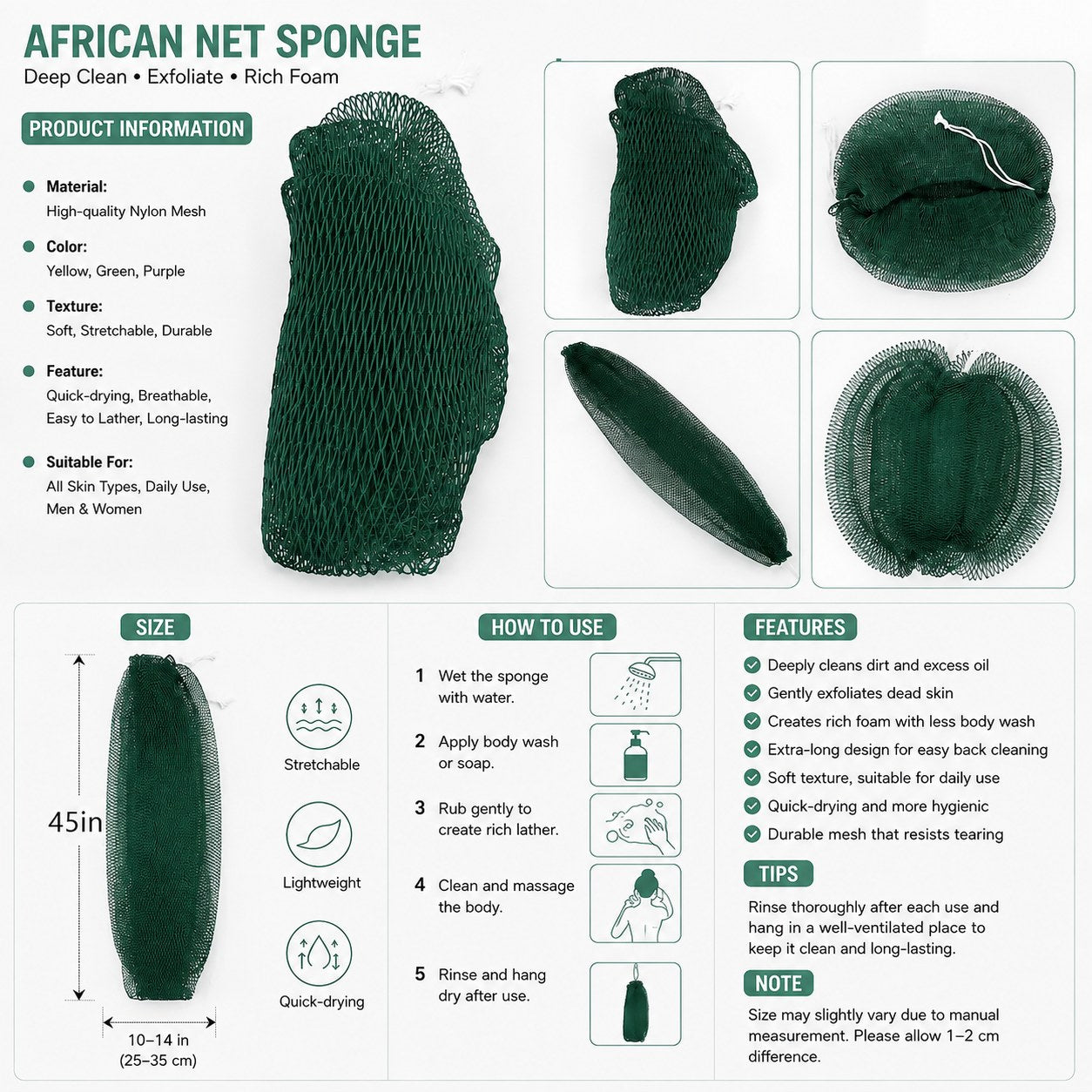 Pomence™ African Exfoliating Net Sponge. Spec sheet: high-quality nylon mesh, 45 in long, 10 to 14 in wide, how to use, features