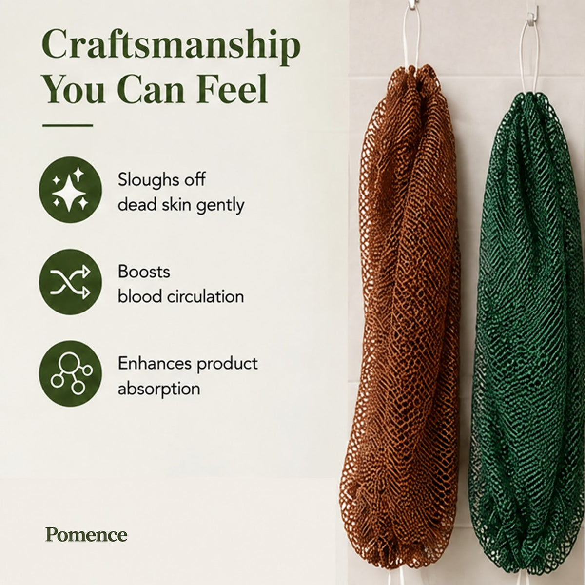 Pomence™ African Exfoliating Net Sponge. Craftsmanship you can feel: sloughs off dead skin gently