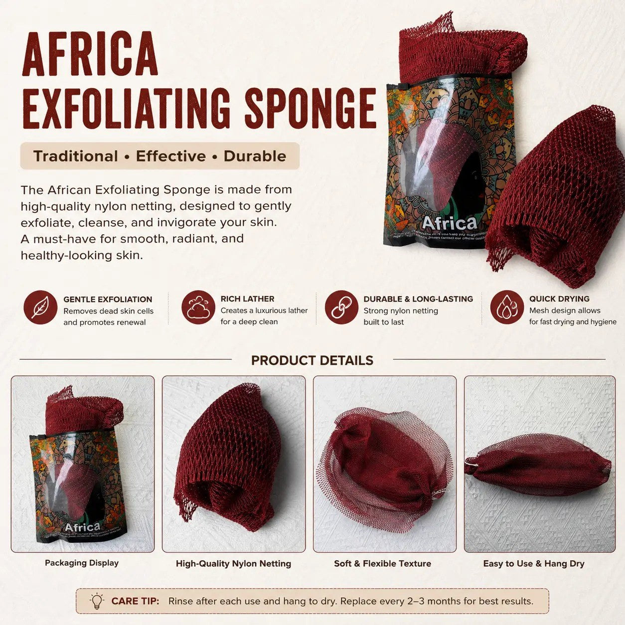 Pomence™ African Exfoliating Net Sponge. Traditional, effective, durable: gentle exfoliation, rich lather, quick drying, care tip