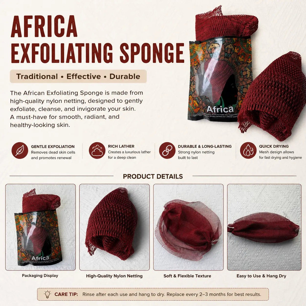 Pomence™ African Exfoliating Net Sponge. Traditional, effective, durable: gentle exfoliation, rich lather, quick drying, care tip