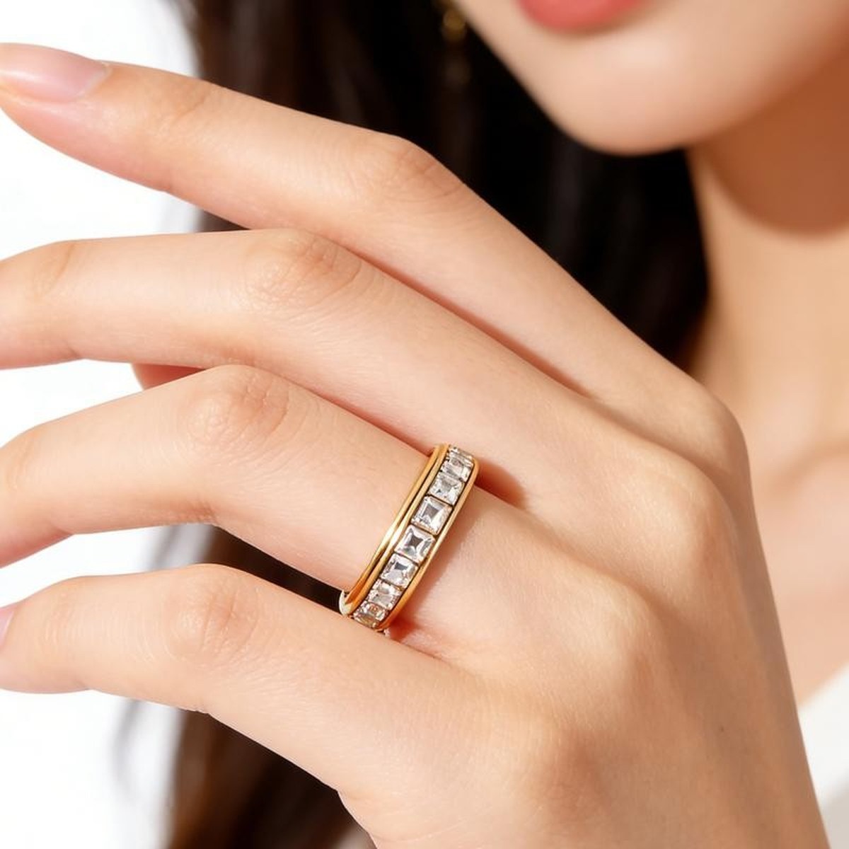 Pomence™ Anxiety Spinner Ring. Spinner ring worn on a hand, shown from above