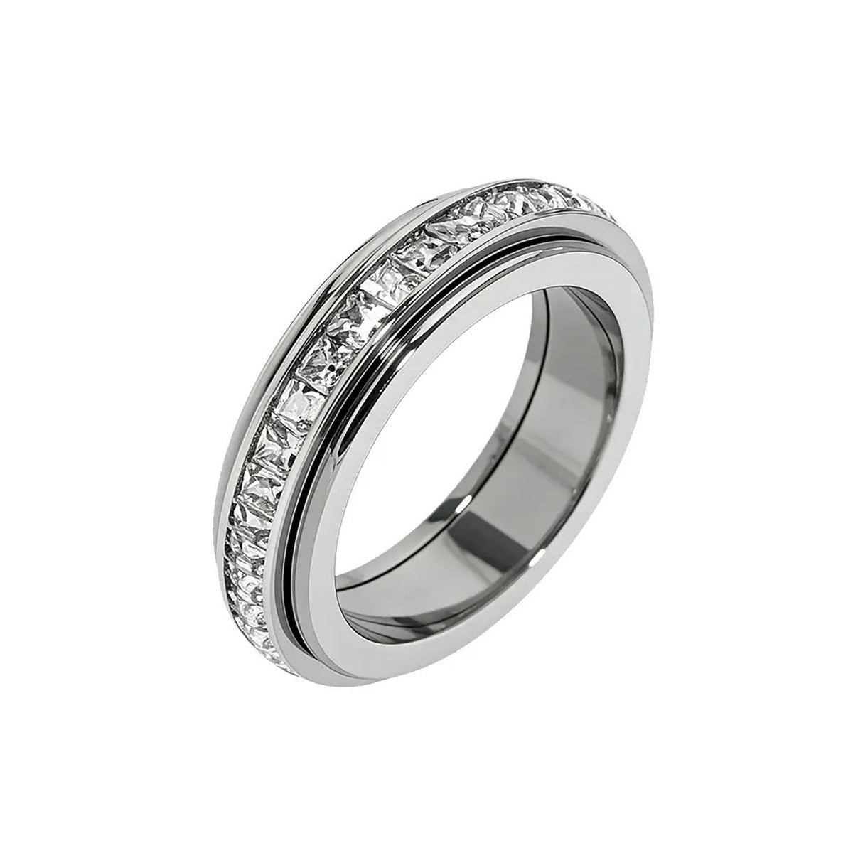 Pomence™ Anxiety Spinner Ring. Spinner ring standing on its edge on a white background