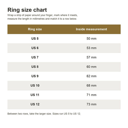 Pomence™ Anxiety Spinner Ring. Ring size chart: US 5 to US 12 with the inside measurement in millimetres