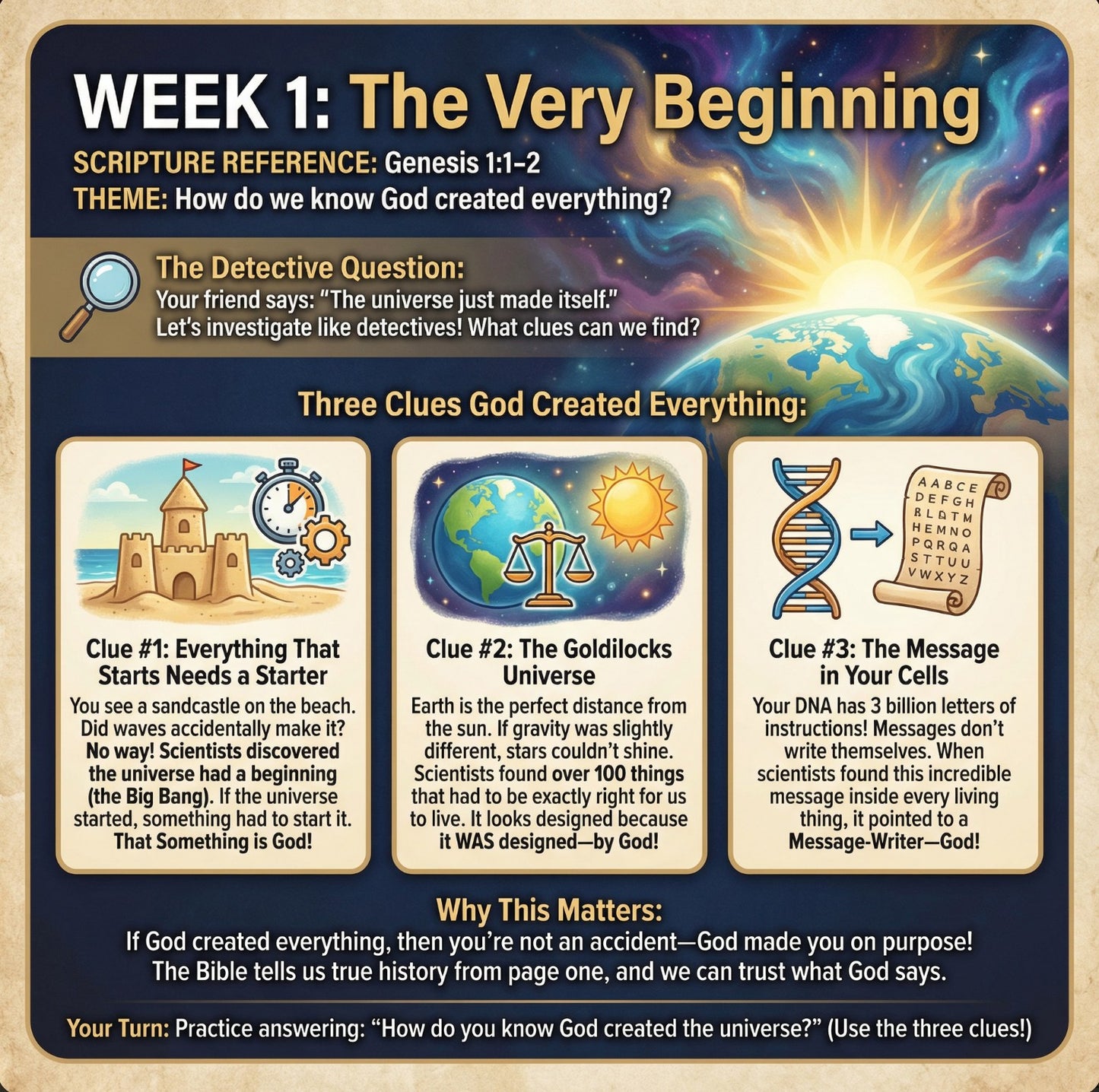 Sample lesson page, Week 1: The Very Beginning, detective-style evidence format
