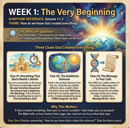 Sample lesson page, Week 1: The Very Beginning, detective-style evidence format