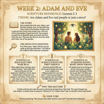 Sample lesson page, Week 2: Adam and Eve, three evidence cards