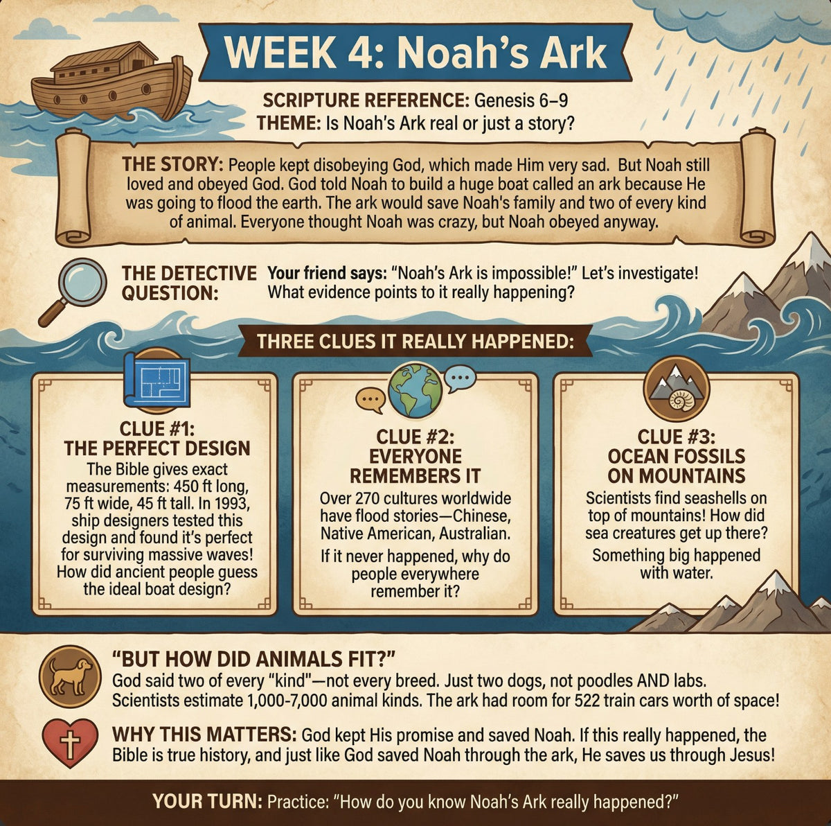 Sample lesson page, Week 4: Noah's Ark, three clues it really happened
