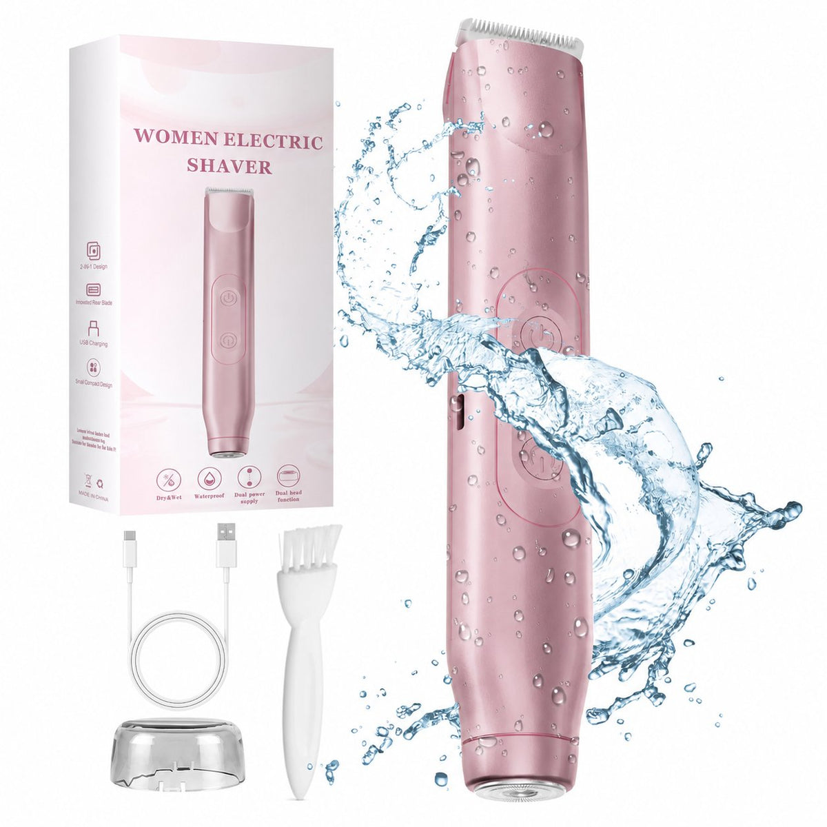 Pomence™ 2-in-1 Bikini Trimmer. What's included: trimmer, facial head, USB-C cable, and cap