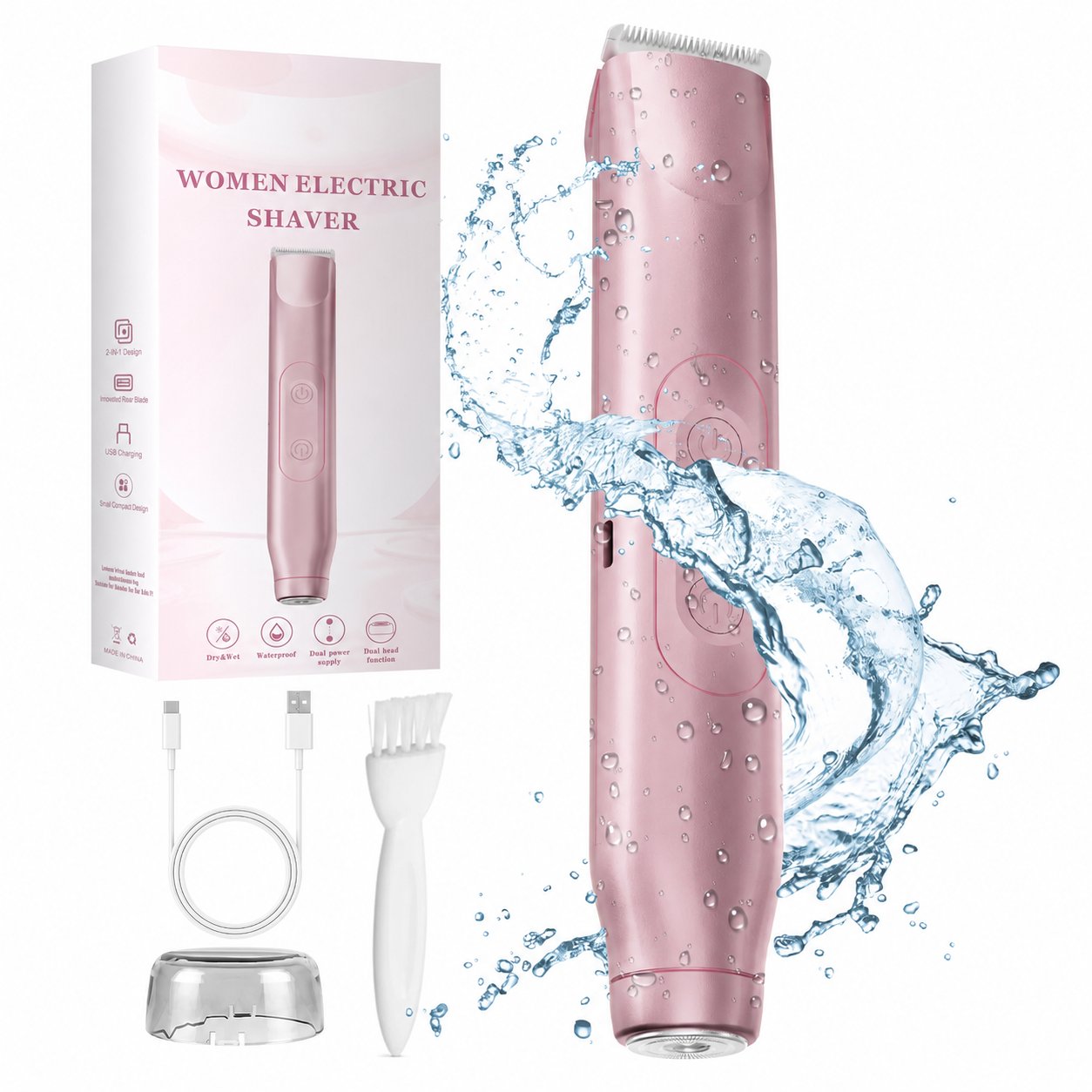 Pomence™ 2-in-1 Bikini Trimmer. What's included: trimmer, facial head, USB-C cable, and cap
