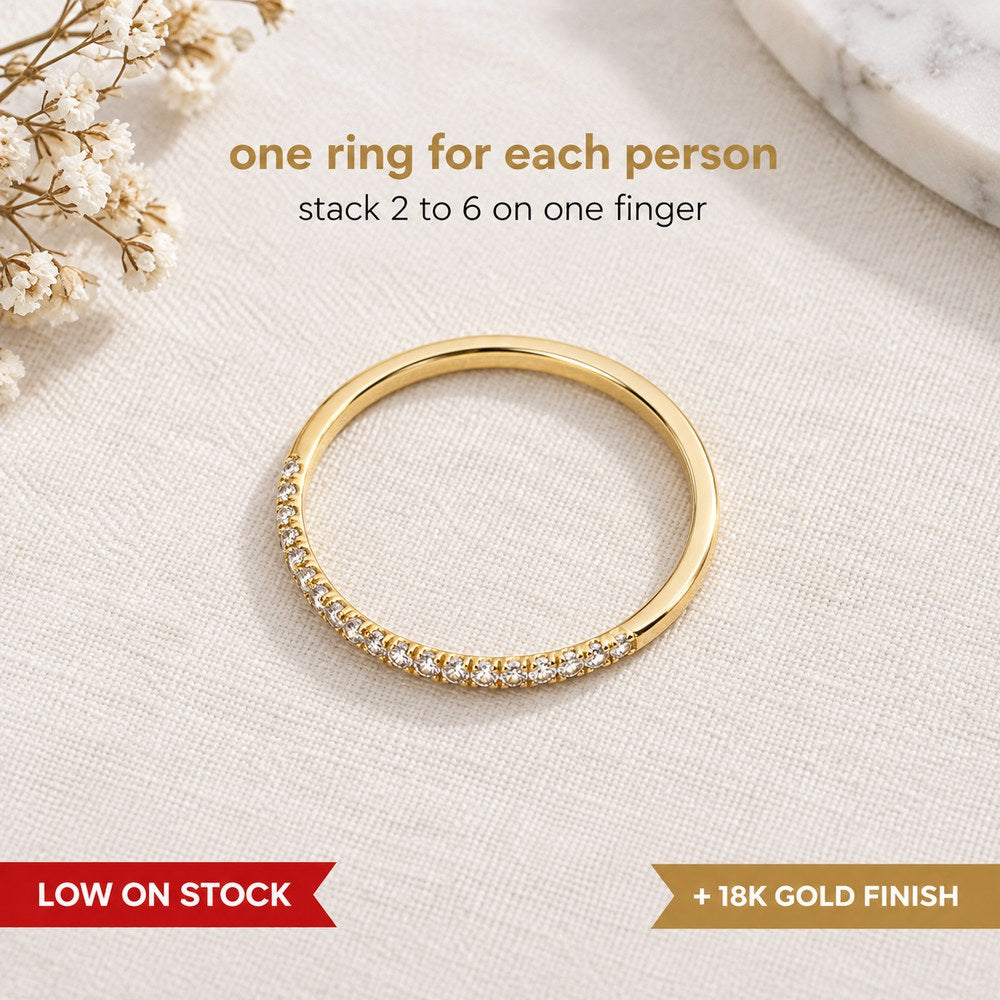 Pomence Birthstone Stacking Ring shown as a flat lay, a thin yellow gold tone band with one row of tiny colored stones