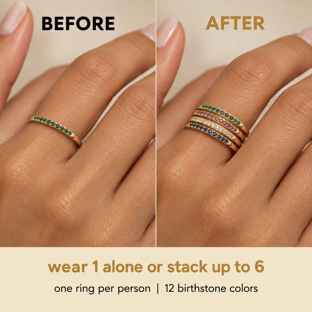 One Pomence Birthstone Stacking Ring worn alone beside four of them stacked together on the same finger