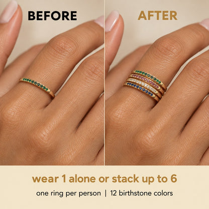 One Pomence Birthstone Stacking Ring worn alone beside four of them stacked together on the same finger
