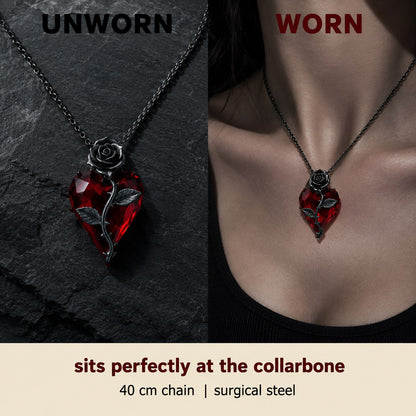 The Pomence Blood Rose Necklace shown unworn on dark slate beside the same necklace worn at the collarbone