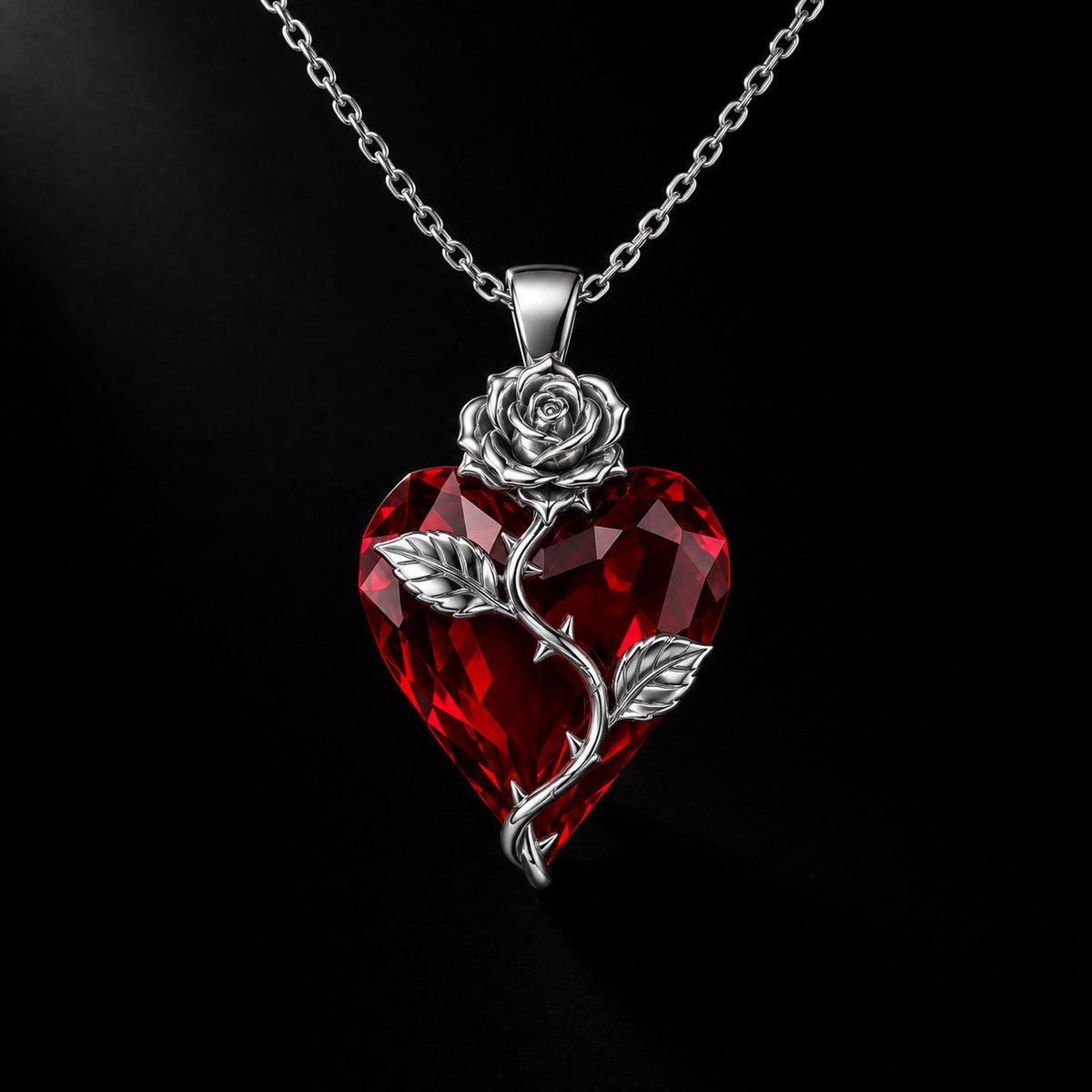 The Pomence Blood Rose Necklace in Silver, alone on a near black background, faceted red crystal heart with a bright silver rose and thorned stem
