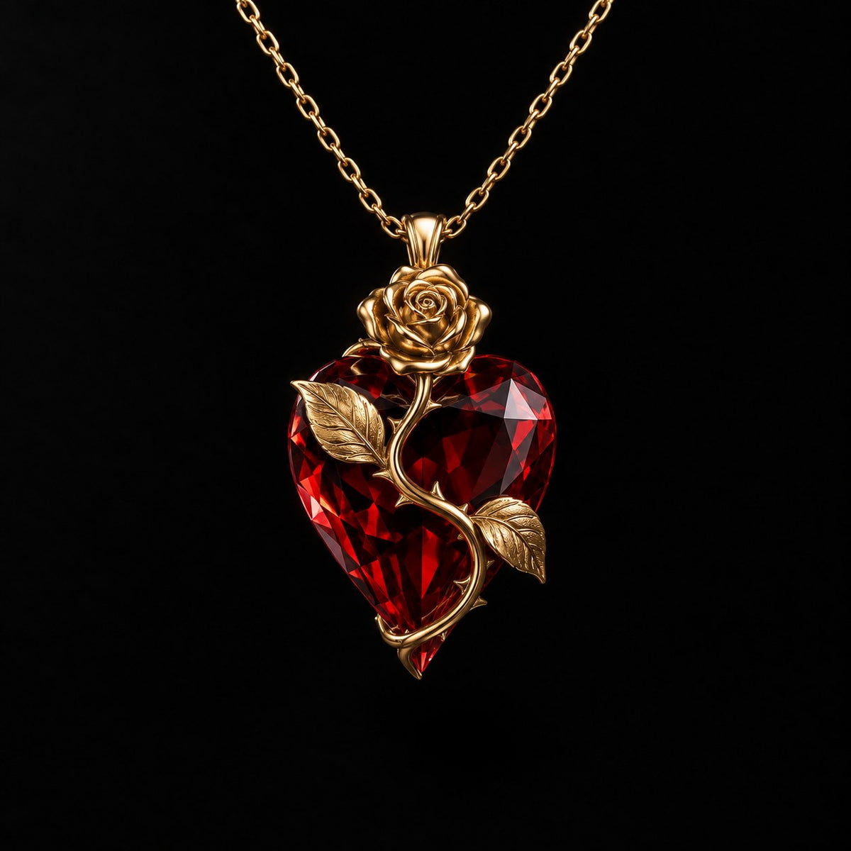 The Pomence Blood Rose Necklace in Gold, alone on a near black background, faceted red crystal heart with a warm gold rose and thorned stem