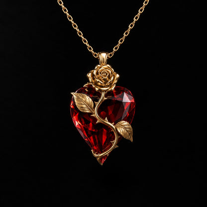 The Pomence Blood Rose Necklace in Gold, alone on a near black background, faceted red crystal heart with a warm gold rose and thorned stem