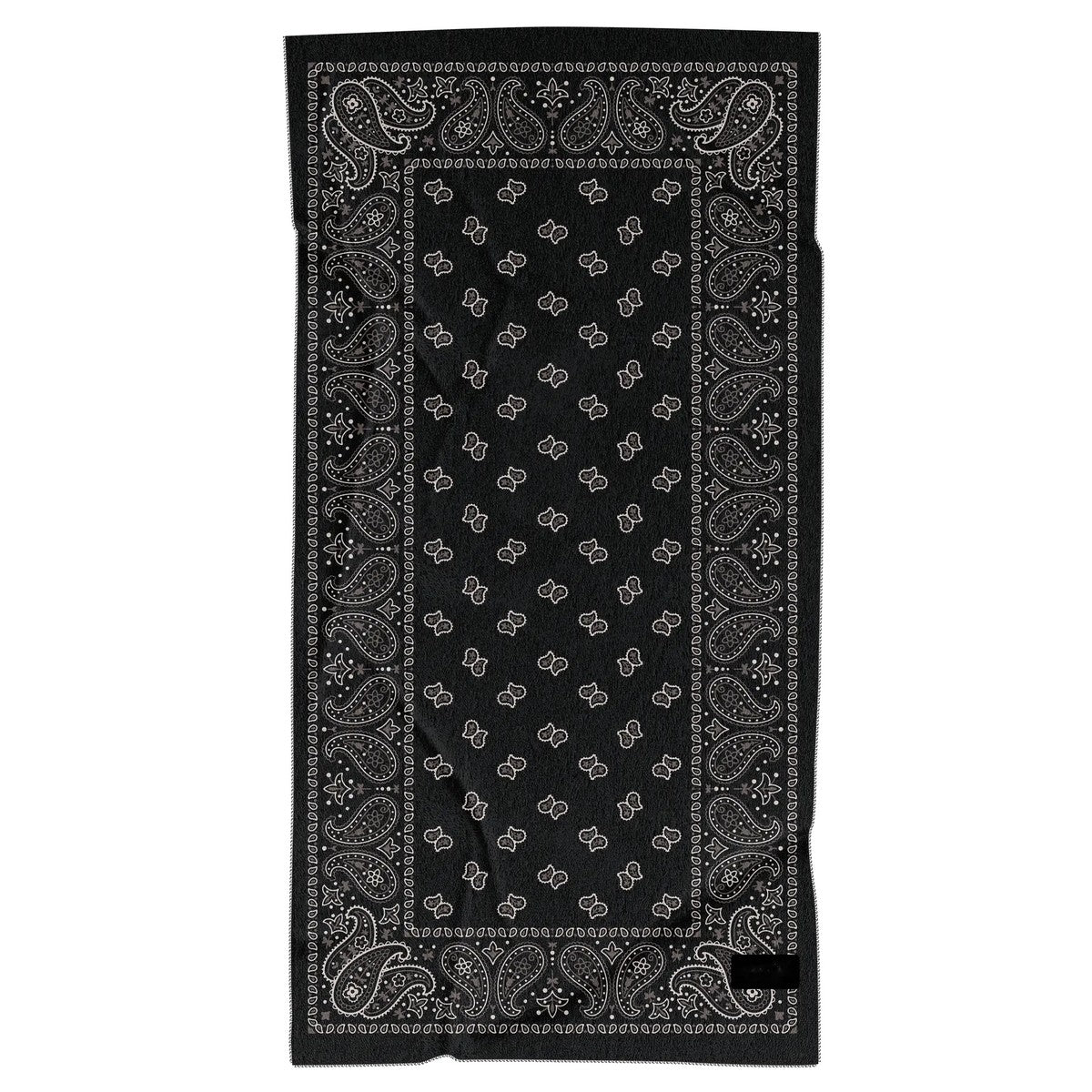 The Pomence Car Seat Cover Towel in Black Paisley laid flat