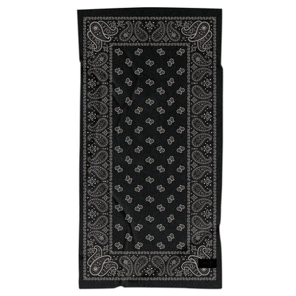 The Pomence Car Seat Cover Towel in Black Paisley laid flat