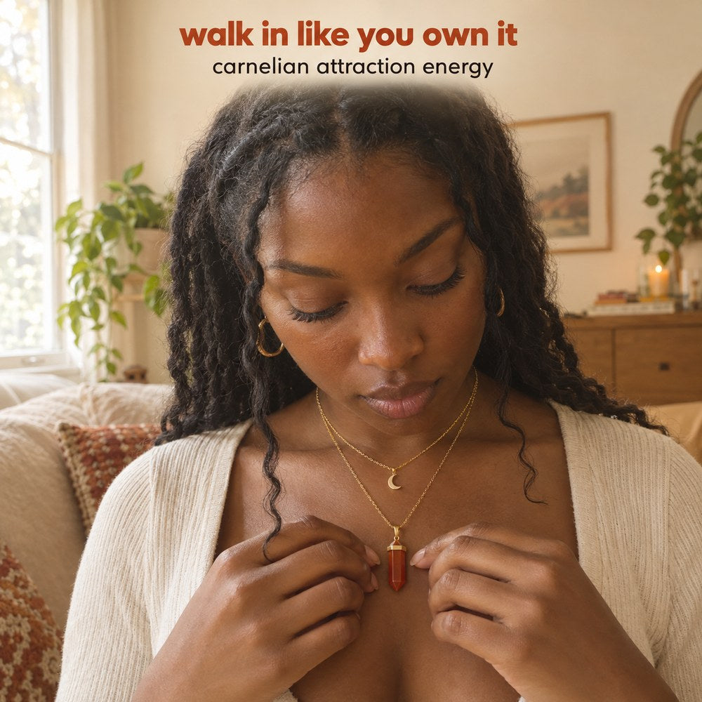 A woman adjusting the gold Pomence Carnelian Attraction Necklace at her collarbone in natural window light