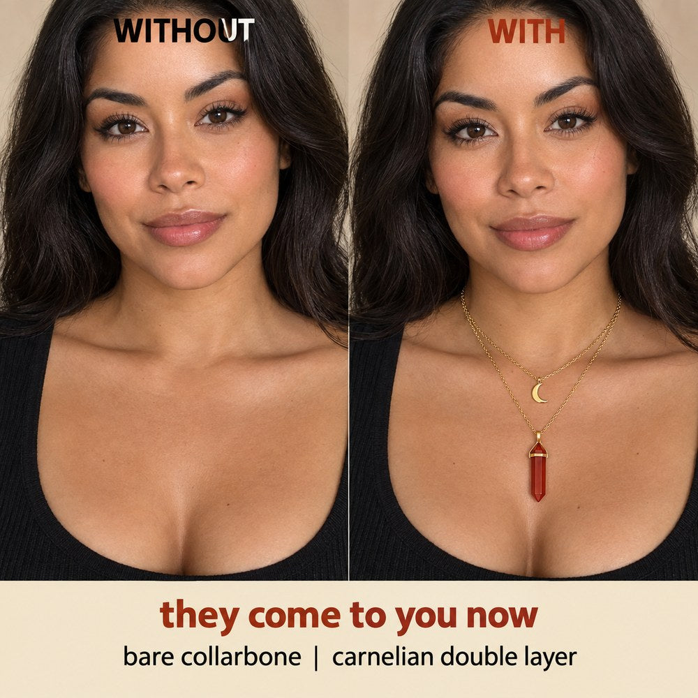 The same woman shown with a bare collarbone beside the gold Pomence Carnelian Attraction Necklace worn double layered with its crescent moon charm