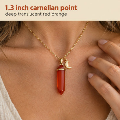 Close up of the 1.3 inch carnelian point of the gold Pomence Carnelian Attraction Necklace worn at the hollow of the throat