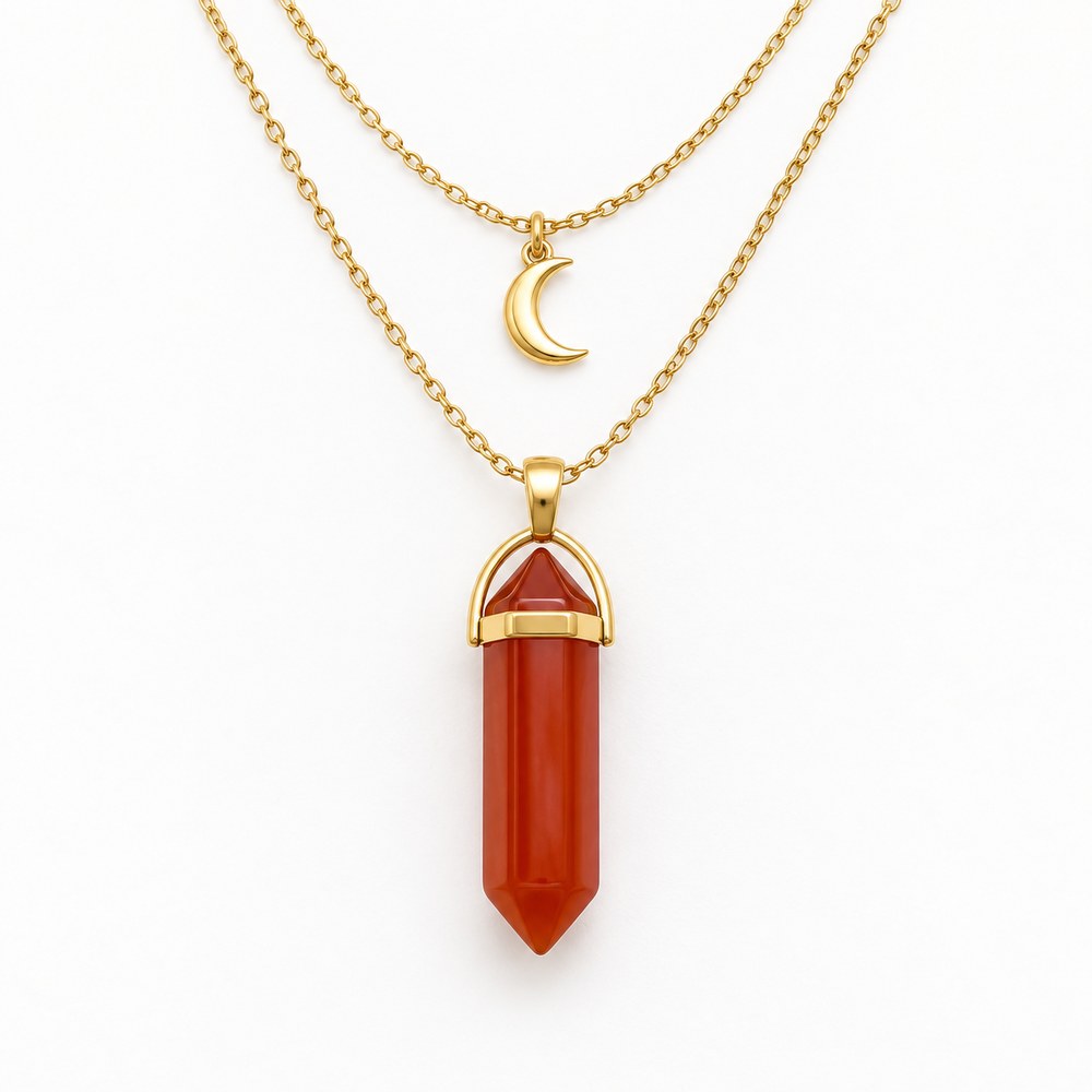 The gold Pomence Carnelian Attraction Necklace photographed alone from above, showing the carnelian point, the gold bail and both chains