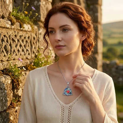 A woman wearing the Pomence Birthstone Celtic Knot Necklace at the collarbone over a plain top