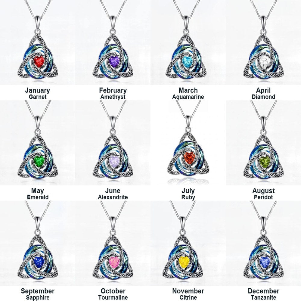 The twelve birth month colors of the Pomence Birthstone Celtic Knot Necklace shown side by side