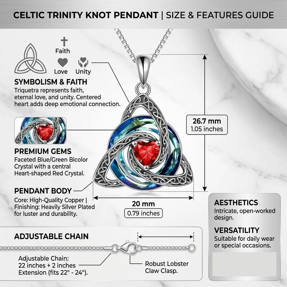 The size and features guide for the Pomence Birthstone Celtic Knot Necklace, showing the 1.05 by 0.79 inch pendant and the adjustable chain
