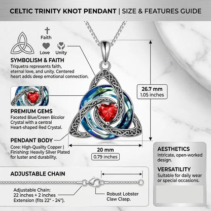 The size and features guide for the Pomence Birthstone Celtic Knot Necklace, showing the 1.05 by 0.79 inch pendant and the adjustable chain